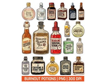 Halloween Burnout Potion PNG Bundle, Funny Witch Apothecary Labels Clipart, Sarcastic Adulting Humor Digital Stickers, Sublimation Graphics