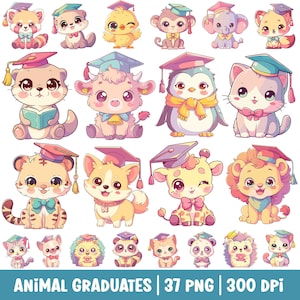Cute Animal Graduation Clipart PNG Bundle Kawaii Animals Wearing Graduation Hat Cartoon Watercolor Illustration Digital Sticker for Kids
