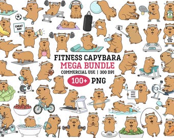 Kapybara Fitness Clipart Gym Workout Png Bundle Kawaii Sport Djur Självvård Digitala Klistermärken