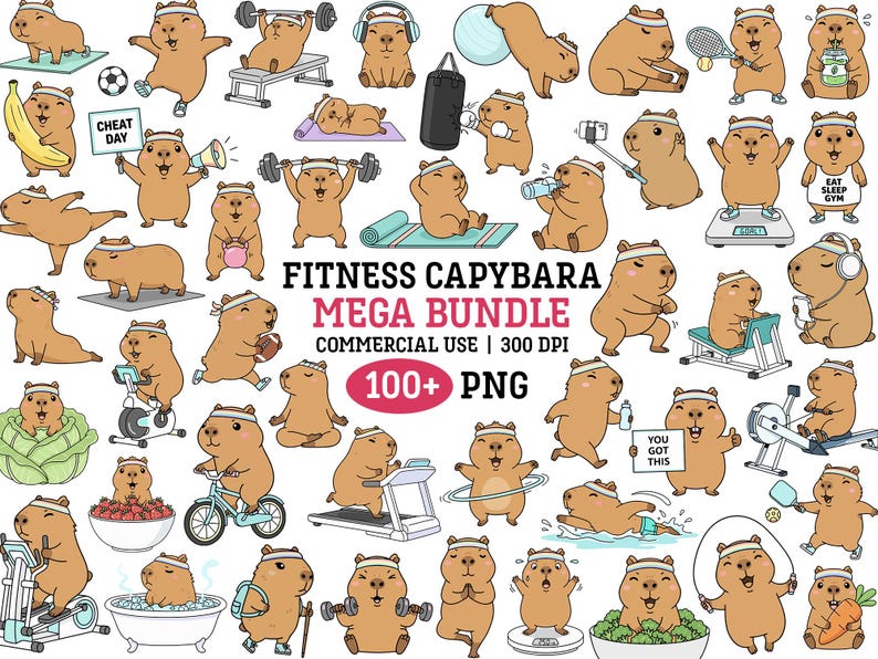 Capybara Fitness Clipart Gym Workout Png Bundle Kawaii Sports Animal ...