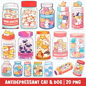 Schattig antidepressivum Katten Honden PNG-bundelset kawaii kat hond in pil fles cartoon afbeelding geestelijke gezondheid bewustzijn serotoninebooster