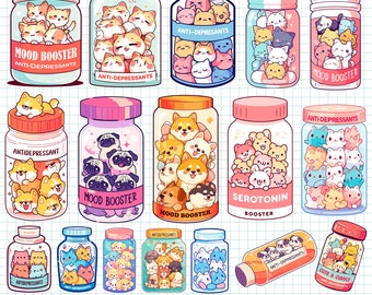 Cute Antidepressant Cats Dogs PNG Bundle Set Kawaii Cat Dog in Pill Bottle Cartoon Illustration Mental Health Awareness Serotonin Booster