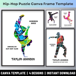 Könnte beinhalten: Vier druckbare Designs für einen Hip-Hop-Puzzle-Rahmen. Die Designs zeigen eine Silhouette einer Person, die Breakdance tanzt, mit einem Graffiti-Muster. Der Text "Summer 20XX", "Brooklyn Hip-Hop Club" und "Taylor Johnson" ist im Design enthalten.