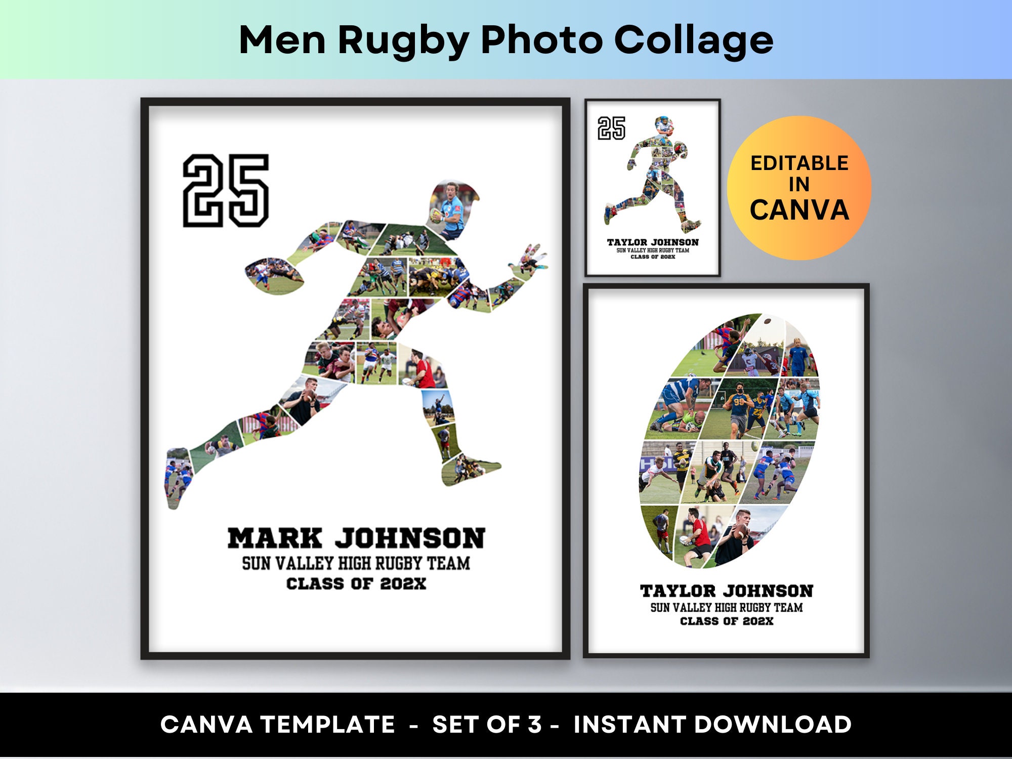 Collage fotografico sportivo di rugby, uomo, giocatore di rugby, atleta, serata di laurea, regalo per allenatore, collage di immagini, poster stampabile, modello Canva