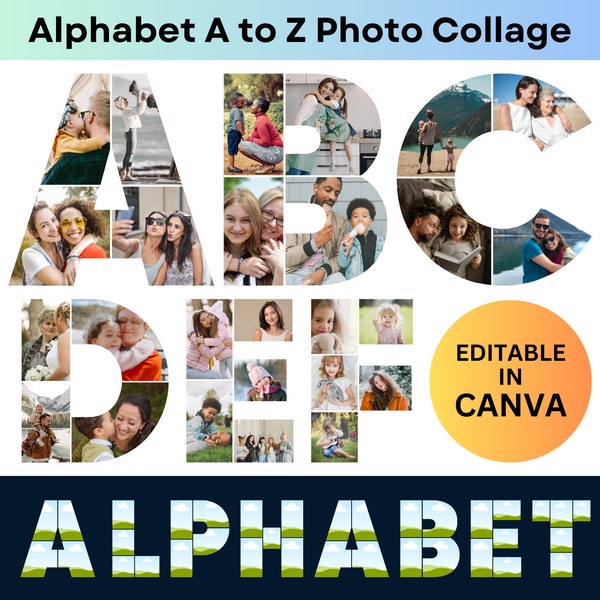 Alphabet Photo Collage Canva Frame Template A to Z All Letters Custom Name Word Collage DIY Photo Gift for Birthday Anniversary Graduation