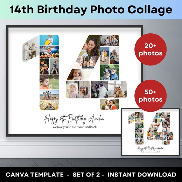 14th Birthday Number 14 Photo Collage Printable Canva Frame Template 14th Anniversary Picture Poster Birthday Gift Son Daughter 16x20 8x10