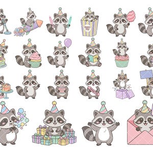 May include: A set of cartoon raccoon illustrations in party hats, each in a different pose. Some raccoons hold birthday cakes, balloons, and gifts. Others are on a rocket, reading, or holding a microphone and signs.