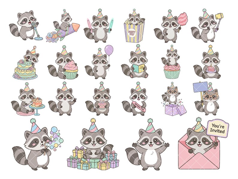 May include: A set of cartoon raccoon illustrations in party hats, each in a different pose. Some raccoons hold birthday cakes, balloons, and gifts. Others are on a rocket, reading, or holding a microphone and signs.