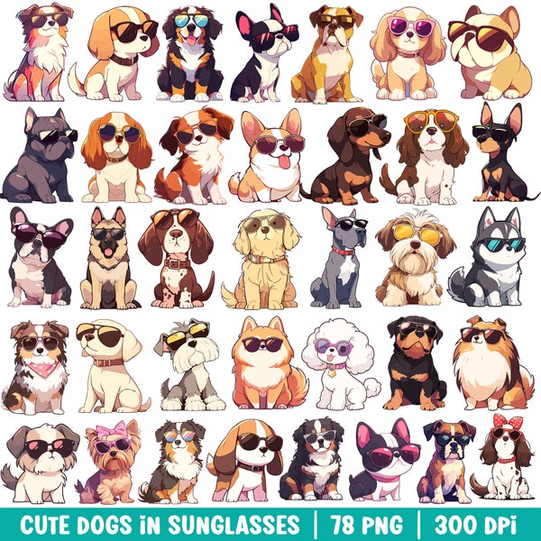 Dog Breed Clipart Cute Dog PNG Bundle Cool Summer Dog in Sunglasses Funny Dog Lover Cartoon Dog Mom Dog Dad Kawaii Puppy Digital Sticker