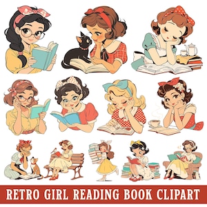 Retro boekenliefhebber clipart meisje lezen PNG bundel vintage vrouw SVG schattig leesgrage anime cartoon afbeelding jaren 60 huisvrouw vectorafbeeldingenset