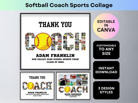 Softball Coach Photo Collage Thank You Coach Gift Senior Night Printable Sports Poster Farewell Teacher Appreciation Ball Canva Template