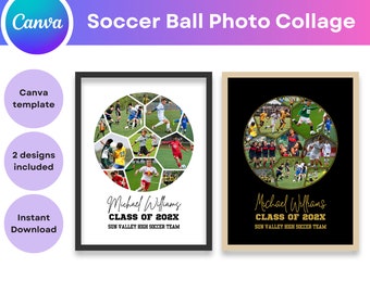 Può includere: Due collage di foto di pallone da calcio incorniciati con un design in bianco e nero. I collage presentano un pallone da calcio composto da foto di calciatori. Il testo "Michael Williams Class of 202X Sun Valley High Soccer Team" è stampato sotto il pallone da calcio.