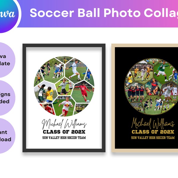 Soccer Ball Photo Collage Canva Template Personalized Coach Gifts Football Player Graduation Gift Custom Sports Team Printable Poster