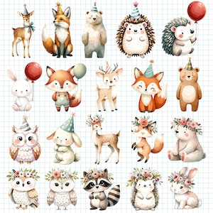 May include: A collection of twenty illustrations featuring woodland animals including deer, foxes, bears, hedgehogs, rabbits, owls, and a raccoon. Many animals wear party hats or floral crowns, and some hold red or green balloons against a grid background.