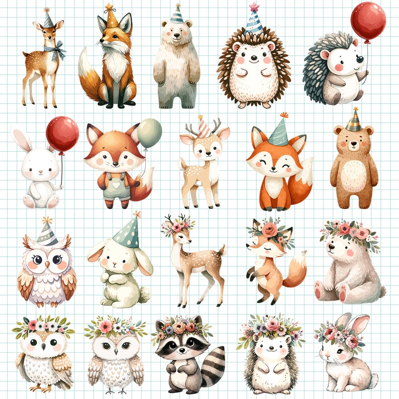 May include: A collection of twenty illustrations featuring woodland animals including deer, foxes, bears, hedgehogs, rabbits, owls, and a raccoon. Many animals wear party hats or floral crowns, and some hold red or green balloons against a grid background.