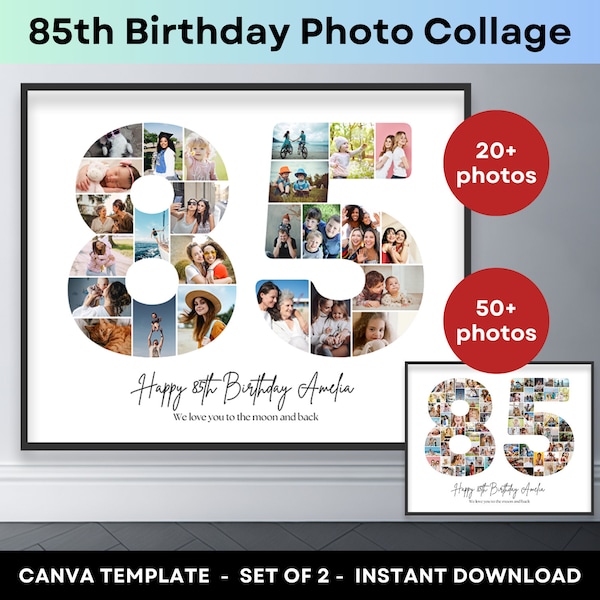 85th Birthday Number 85 Photo Collage Printable Canva Frame Template 85th Wedding Anniversary Gift Picture Collage Poster 16x20 8x10