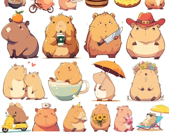 Lindo Capybara PNG divertido Capybara Clipart Bundle Set Kawaii Animal Ilustración Anime Dibujos animados Etiqueta digital Imagen de sublimación de moda