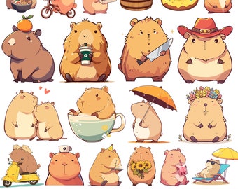 Cute Capybara PNG Funny Capybara Clipart Bundle Set Kawaii Animal Illustration Anime Cartoon Digital Sticker Trendy Sublimation Image
