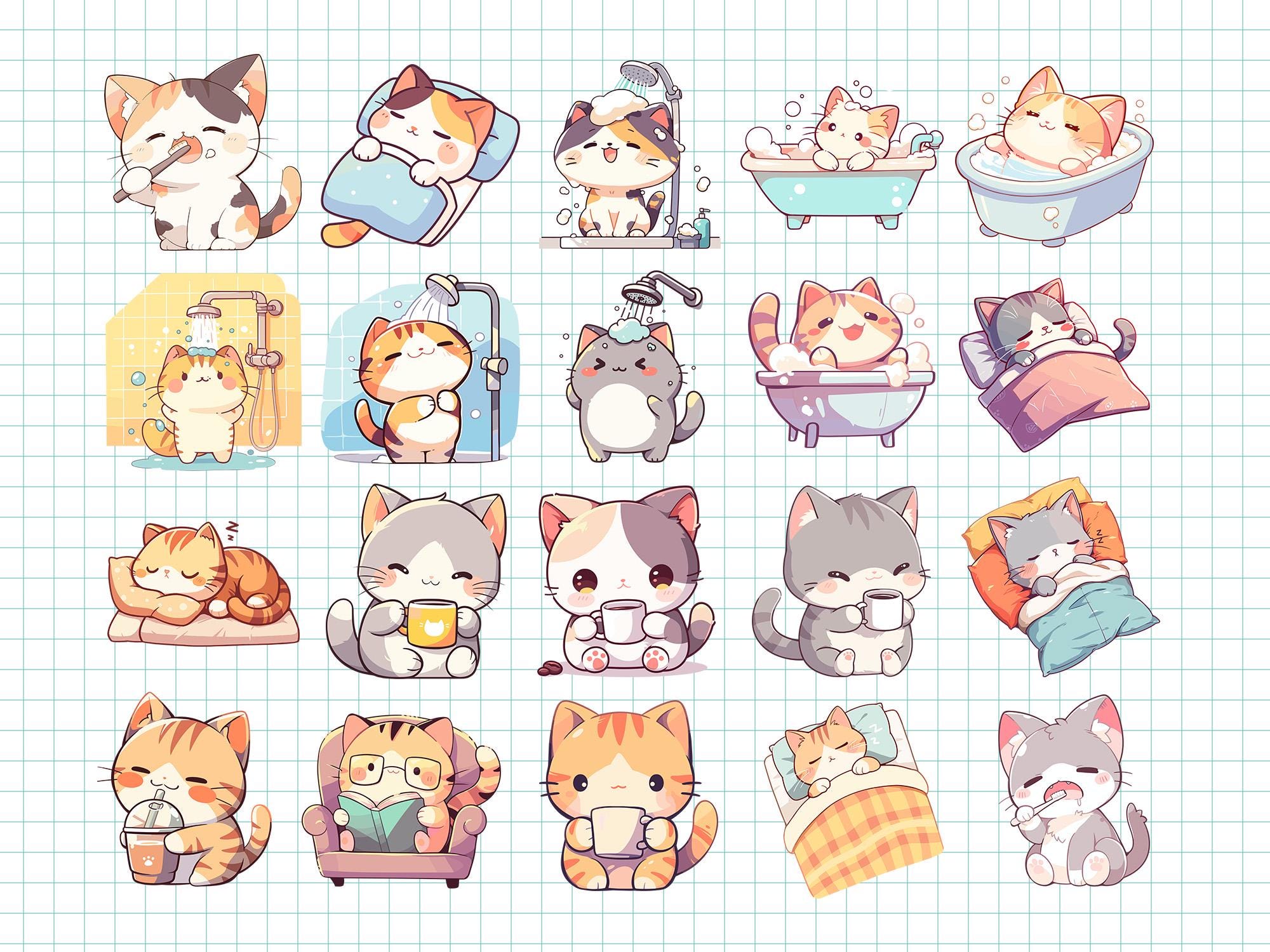 Kawaii Routine Cute Cat Clipart Daily Life PNG Kawaii Kitty Everyday Chores Cartoon ...