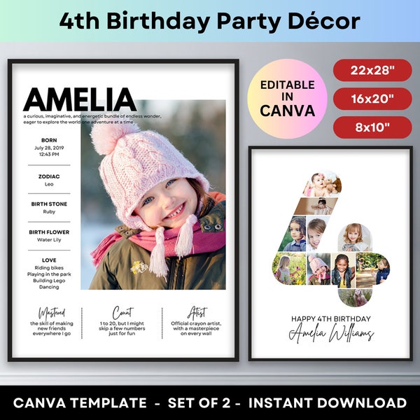 4th Birthday Number 4 Photo Collage Four Year Old Milestones Photo Board Printable Poster Party Decor Welcome Sign Editable Canva Template