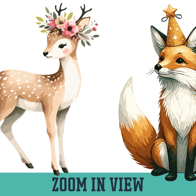 May include: A tan deer with white spots wearing a floral crown and a red fox wearing a gold party hat with a star on top. The image features the text ZOOM IN VIEW at the bottom, set against a solid teal horizontal bar across the lower section.