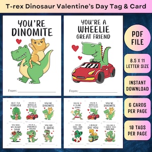 T-rex Dinosaur Valentine's Day Card Gift Tag Printable Kids Classroom Valentine Favor Tag Funny Dino Love Pun DIY Cards School Boys or Girls