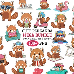 May include: A collection of cute red panda illustrations in various poses, including using a selfie stick, riding a scooter, and reading. The image includes the text "CUTE RED PANDA MEGA BUNDLE" and "100+ PNG".