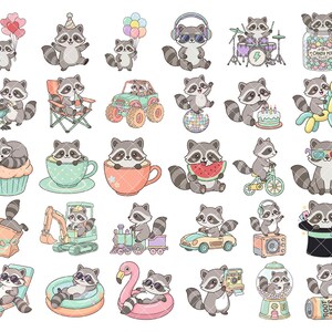 May include: A set of cartoon raccoons in different scenarios. Some are holding balloons, wearing headphones, playing drums, and enjoying treats. Others are driving cars, riding bikes, and relaxing on floats. The illustrations are colourful and playful.