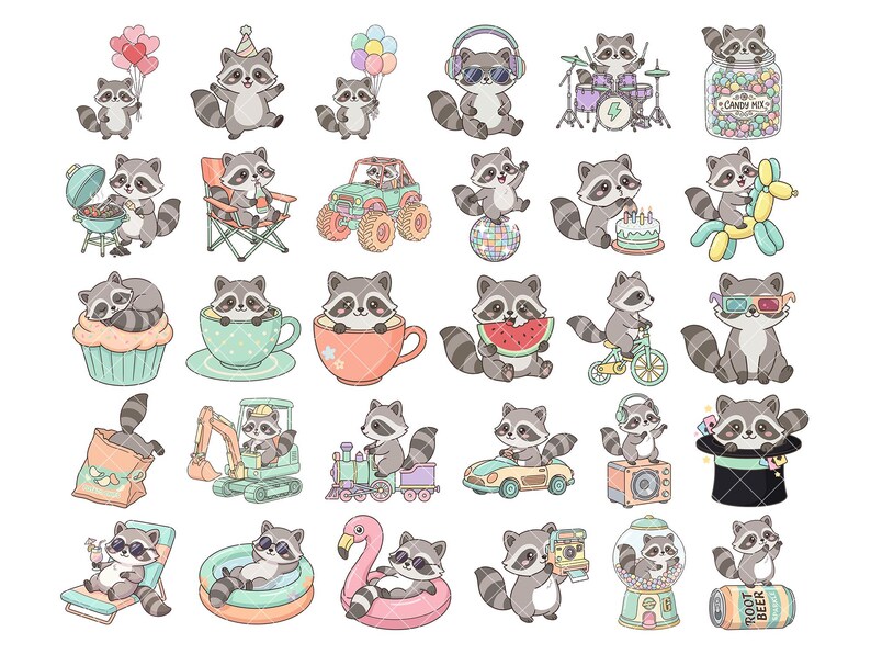 May include: A set of cartoon raccoons in different scenarios. Some are holding balloons, wearing headphones, playing drums, and enjoying treats. Others are driving cars, riding bikes, and relaxing on floats. The illustrations are colourful and playful.