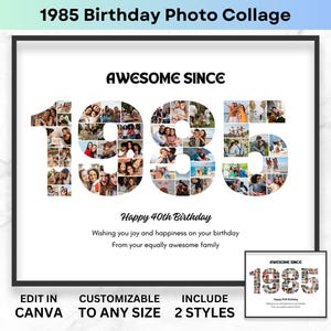 Collage de fotos del 40.° cumpleaños del año 1985 Collage de imágenes con números del 40.° aniversario Póster imprimible Plantilla de Canva para regalo de cumpleaños personalizado