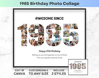 Année 1985, 40e anniversaire, collage photo, 40e anniversaire, numéro, collage photo, affiche imprimable, cadeau d'anniversaire personnalisé, modèle toile