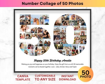 50th Birthday Photo Collage Template Personalized Number 50 Photo Gift for Mom Dad Grandma Grandpa Anniversary Picture Collage Poster Canva
