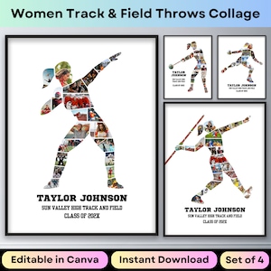 Vrouwen atletiek fotocollage seniorenavond afstuderen cadeau kogelstoten discus speerwerpen afdrukbare poster canvas sjabloon