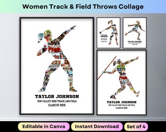 Women Track and Field Sports Photo Collage Senior Night Graduation Gift Shot Put Discus Javelin Hammer Throw Printable Poster Canva Template