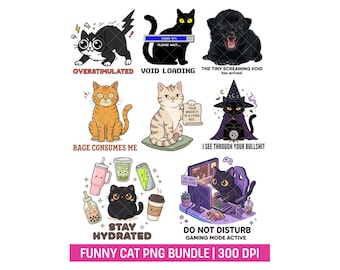 Gothic Black Cat PNG Design Funny Gremlin Cat Clipart Bundle Trendy Kitten Meme Parody for T-Shirt Printable Sticker