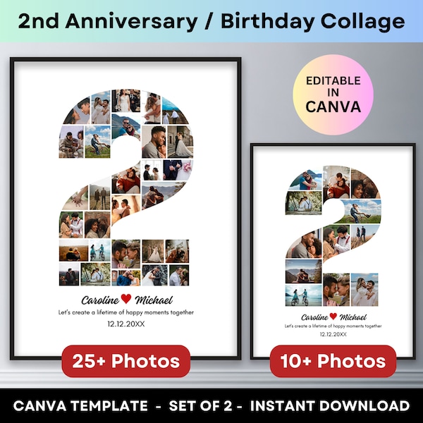 2nd Anniversary Number 2 Photo Collage 2nd Birthday Gift Personalized Anniversary Gifts for Husband Wife Boyfriend Girlfriend Canva Template