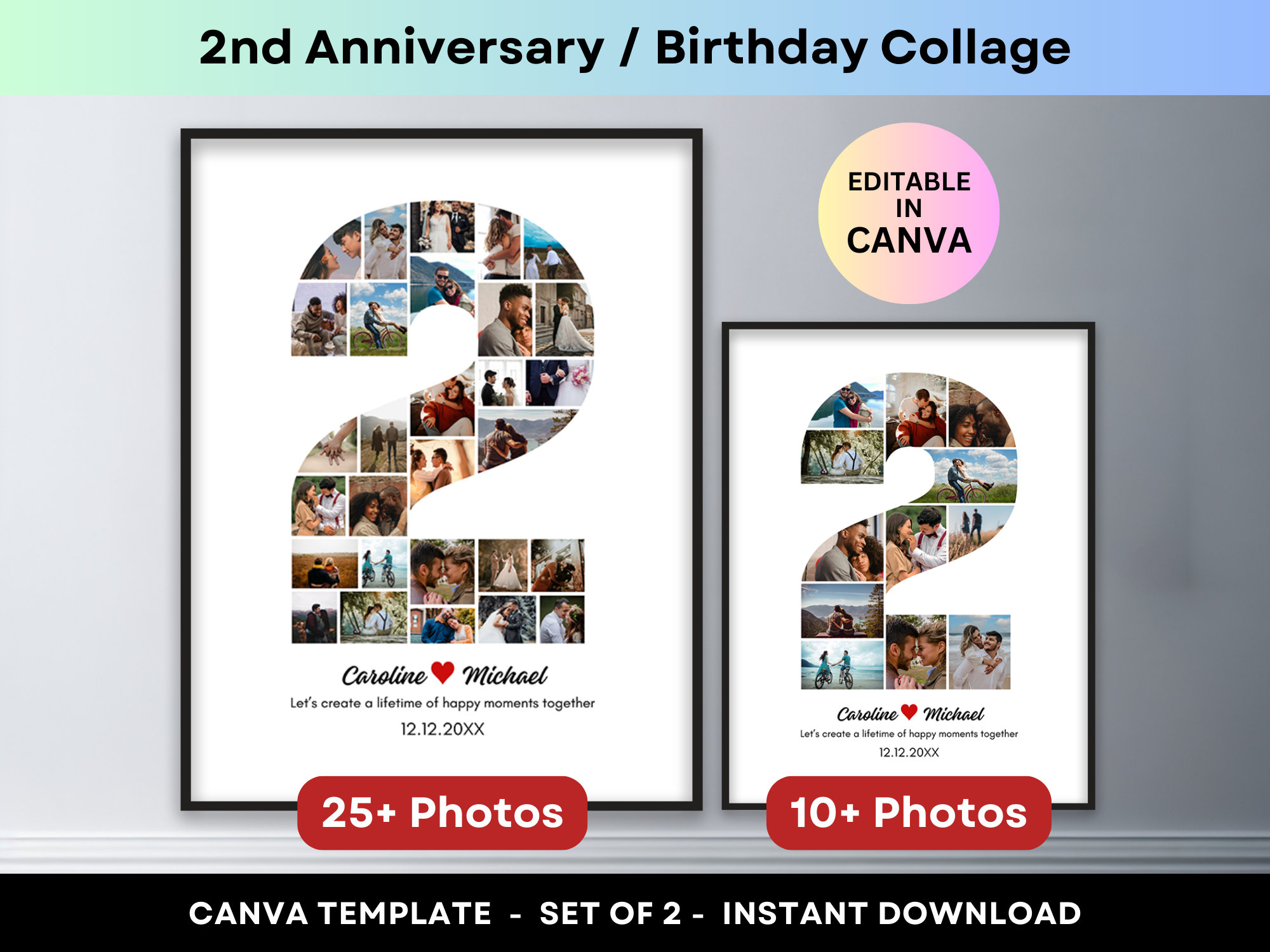 2nd Anniversary Number 2 Photo Collage 2nd Birthday Gift Personalized Anniversary Gifts for Husband Wife Boyfriend Girlfriend Canva Template