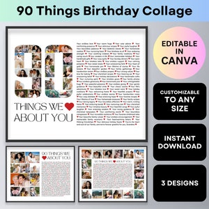 Puede incluir: Una plantilla de collage de cumpleaños imprimible para un 90 cumpleaños con un collage de fotos en forma del número 90. La plantilla es personalizable y editable en Canva. El texto dice "90 cosas que nos gustan de ti".