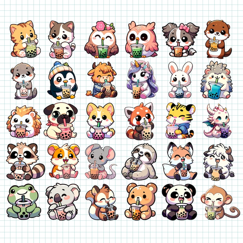 Cute Animals Drink Boba Tea Clipart Transparent PNG Bundle Set Kawaii ...