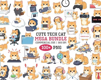 Kawaii Kontorskatt Clipart Bundle Arbeta Hemifrån PNG Teknik- och Spelprogrammerare Kattunge