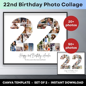 Collage de fotos imprimible para el 22.º cumpleaños, número 22, plantilla de marco de lona, póster de foto para el 22.º aniversario, regalo de cumpleaños para hijo e hija, 16 x 20 x 8 x 10