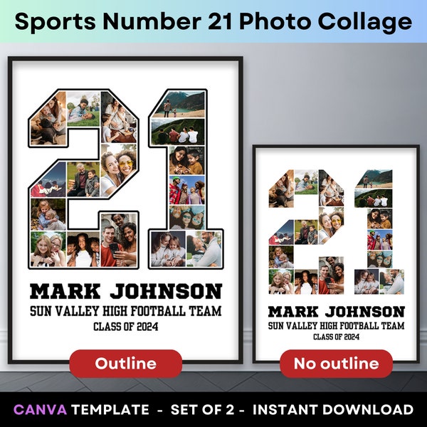 Player Number 21 Sports Photo Collage Graduation Gift Senior Class 2024 Grad 16x20 Poster Football Basketball Baseball Hockey Canva Template