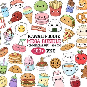 May include: A collection of Kawaii food illustrations, including sushi, ice cream, pizza, and more. The image features a variety of colorful, cartoon-style food items with smiling faces. Text reads "KAWAII FOODIE MEGA BUNDLE" and "100+ PNG".