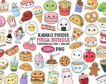Kawaii mat clipart-paket, matälskare-illustrationer, PNG-drycker, måltider, pastellgrafik för klistermärken, planerare