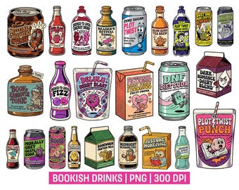 Bookish Beverage PNG Bundle, BookTok Drink Parody Clipart, Funny Book Lover Sublimation Design Pack, Retro Groovy Reading Stickers