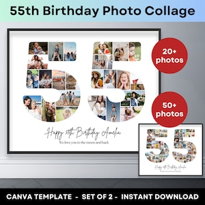 Colagem de fotos para aniversário de 55 anos, número 55, modelo de moldura para impressão Canva, presente de 55º aniversário de casamento, pôster de colagem de fotos 16x20 8x10