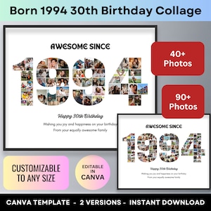 30th Birthday Year 1994 Photo Collage 30th Anniversary Number Picture Collage Printable Poster Personalized Birthday Gift Canva Template