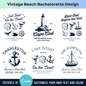 Vintage Beach Bachelorette Custom Logo Design Pack Editable Canva Template Personalized Bridal Shower Coastal Wedding Bach Club Illustration