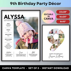 May include: Two printable 9th birthday party decorations. The first is a black and white poster with a girl's name, birthdate, zodiac sign, birthstone, birth flower, and favourite things. The second poster features a collage of photos in the shape of the number 9. The text "Happy 9th Birthday Jessica Williams" is below the number.