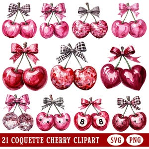 May include: A collection of 21 digital cherry illustrations featuring various designs including disco balls, heart shapes, and billiard balls, all adorned with decorative bows in plaid and solid pink patterns, labeled with 21 CLIPART, SVG, PNG, COMMERCIAL USE, TRANSPARENT CLIPART, and 21 COQUETTE CHERRY CLIPART SVG PNG.